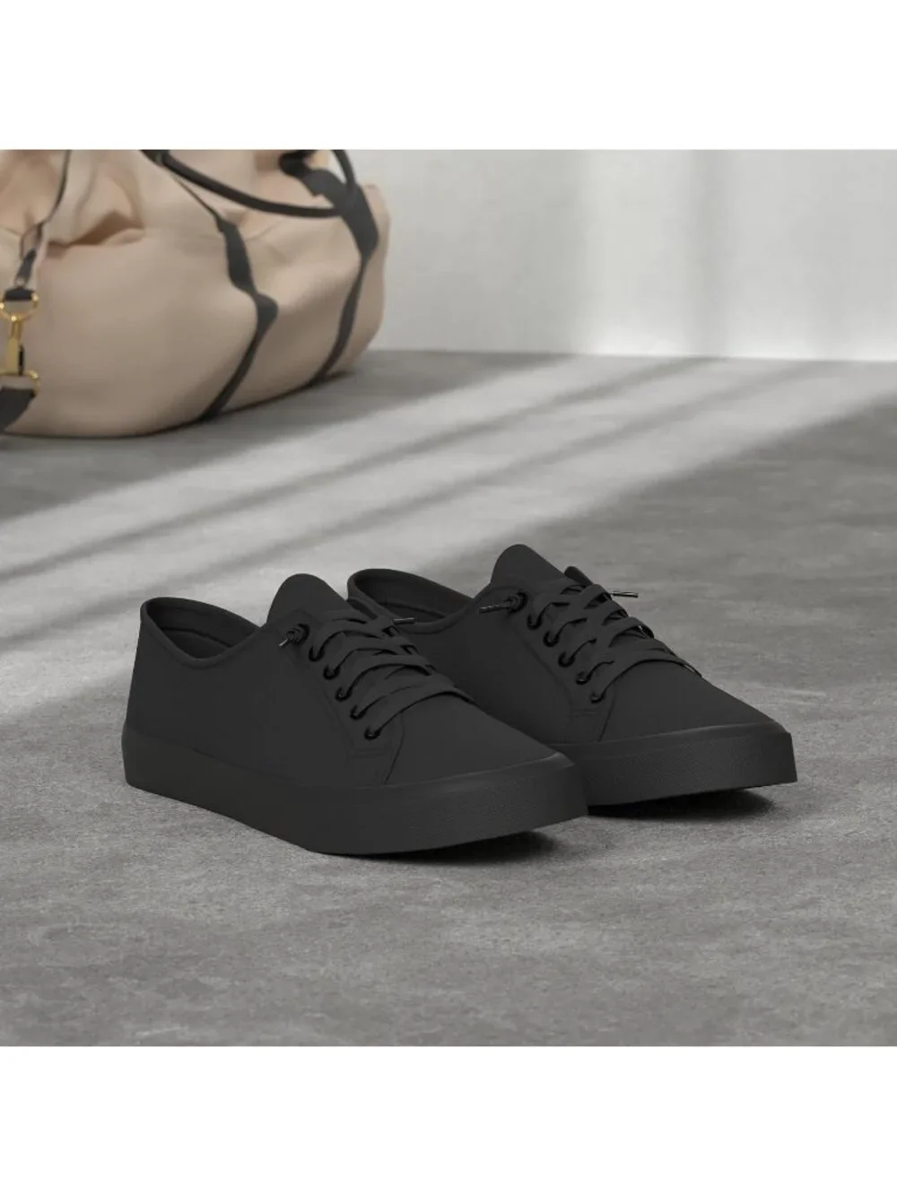 Women All Black Low Top Lace Up Canvas Solid Slip On Casual Loafer Sneaker Shoes